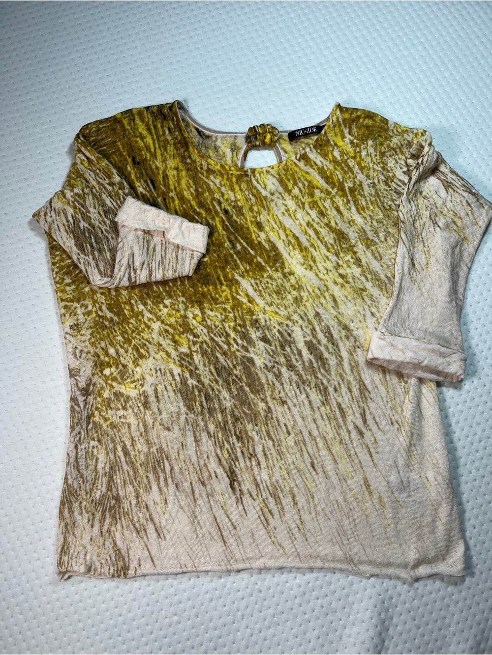 Nic+Zoe Scoop Neck 3/4 Slv Brushstroke Print Top Size M Yellow/Brown Linen Blend